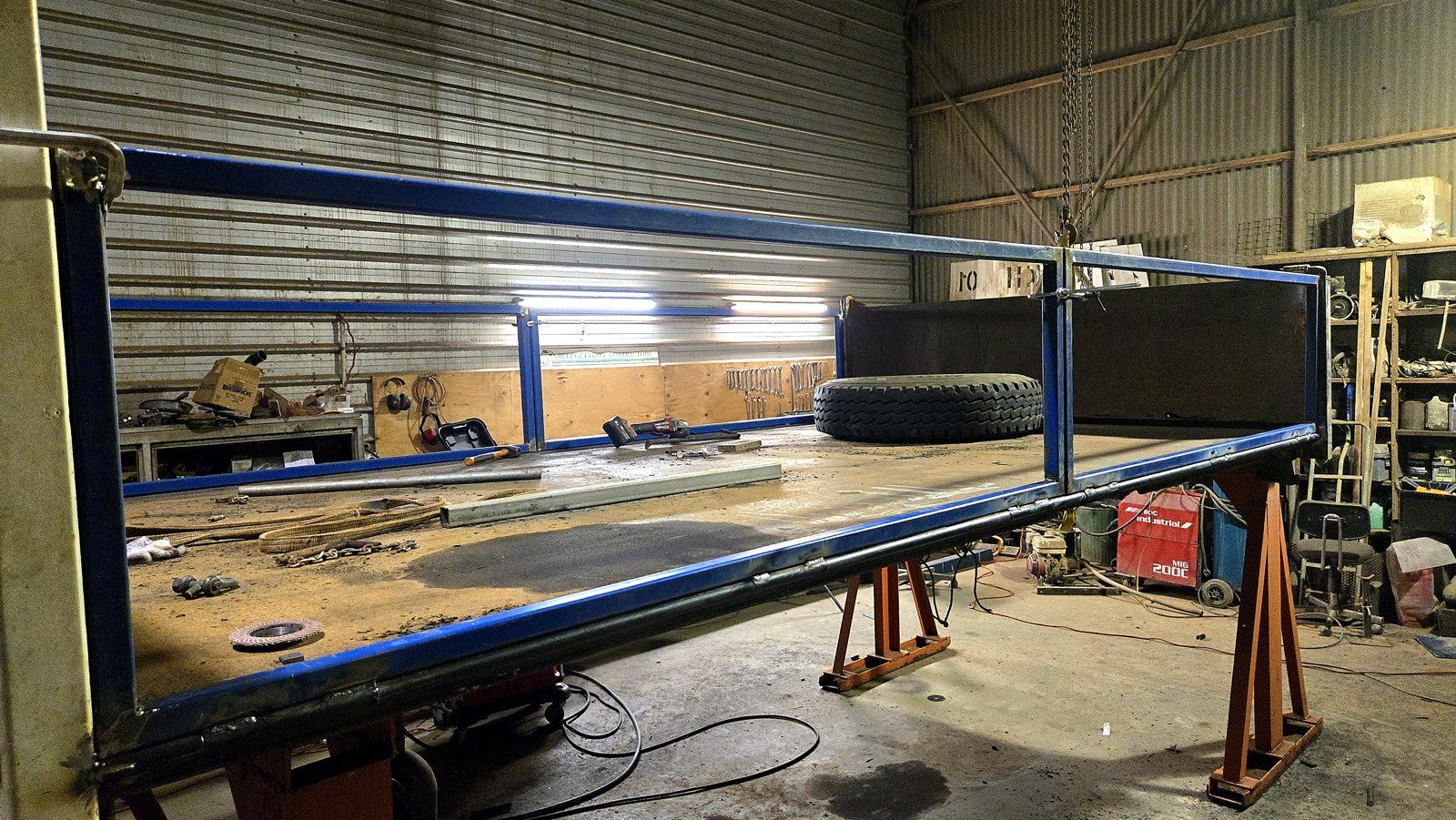 Tipper body frame squared up in the workshop jig